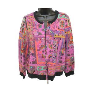 Coldwater Creek Jacket Petite Large PL Multicolor Zip‎ Up Hippie Psychedelic Art